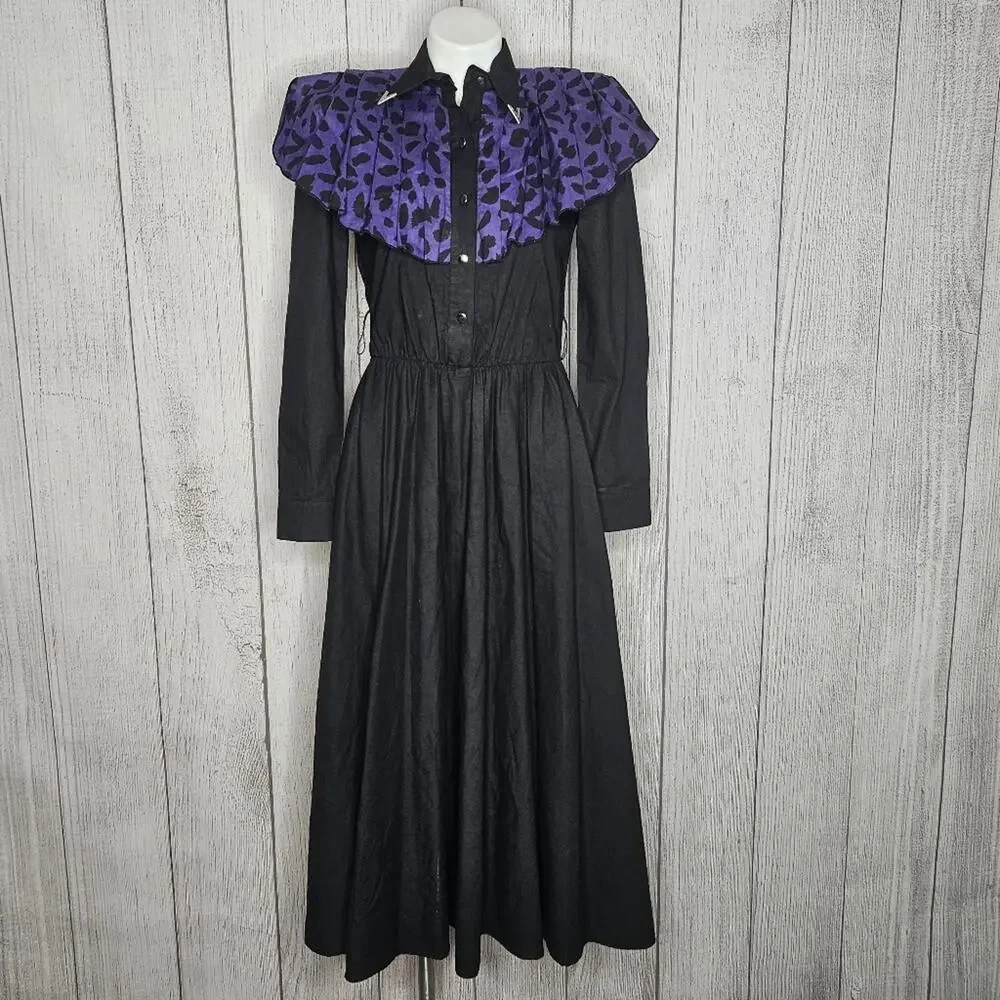 Vintage Lilia Smitty Black Western Dress Purple Print Yoke Shirt Dress, sz Small - Picture 1 of 6